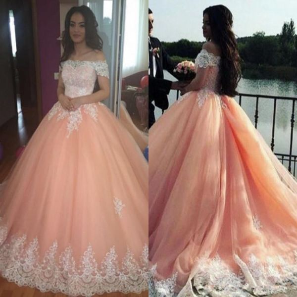 

Blush Pink Sweet 16 Quinceanera Dresses Ball Gown Off Shoulder Lace Appliques Tulle Plus Size Dresses Saudi Arabic Prom Dresses