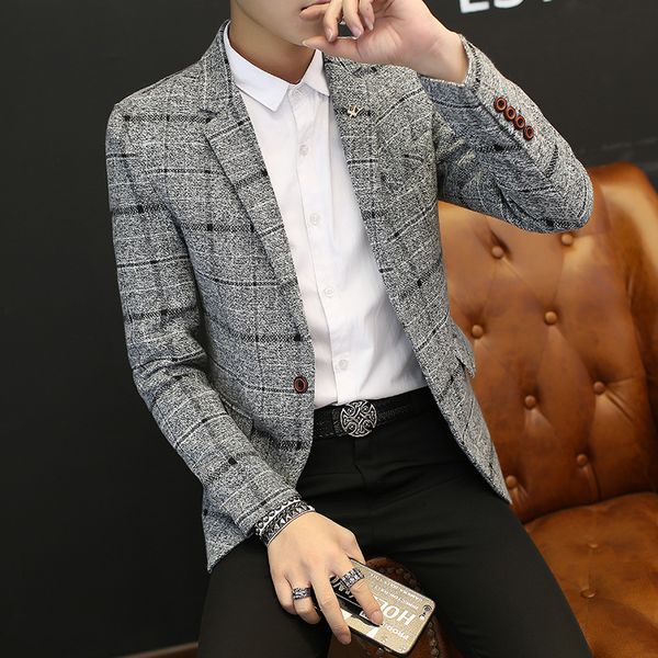 

2018 new show casual plaid suit male slim youth men's suit jacket winter england wind small male, White;black
