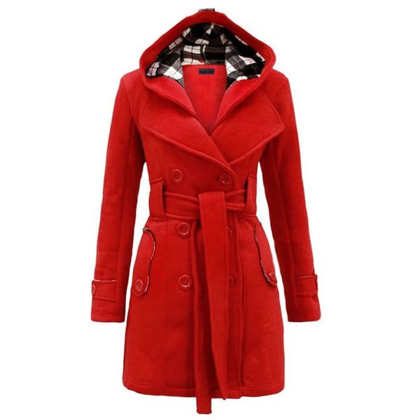 

kenancy women woolen coat winter hooded woolen blends trench coat ladies long sleeve double breasted overcoat slim belted jacket, Black