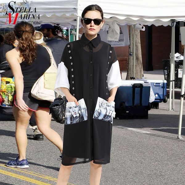 

2018 plus size women black chiffon shirt dress half sleeve with sequins big pockets & tassel girls stylish midi party dress 3440, White;black