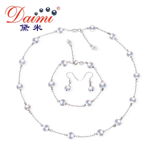 

daimi] jewelry set. 7.5-8mm natural freshwater pearl for women. chain necklace bracelet earrings sets, Black