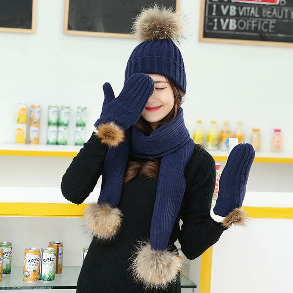 

2017 new knitted hat scarf gloves three-piece super raccoon wool thickening thermal wool scarf set 6 color optional, Blue;gray