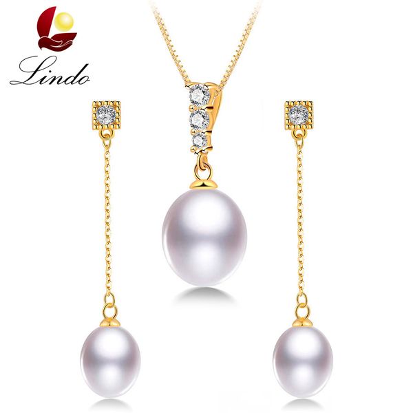 

fashion 925 sterling silver jewelry sets no defect natural freshwater pearl necklace+long earrings gold color wedding sets lindo, Black