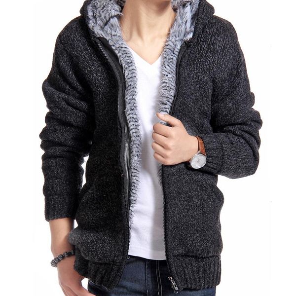 

tide jacket men thick velvet cotton hooded fur jacket mens winter padded knitted casual sweater cardigan coat outdoors parka, Black;brown