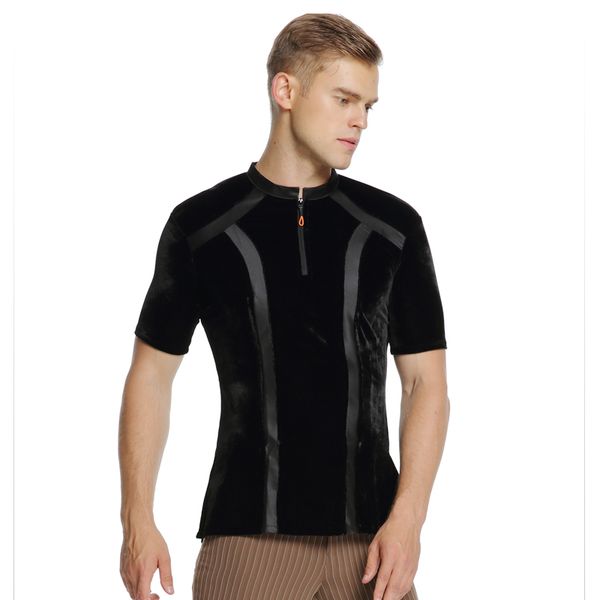 

black short sleeves latin dance jacket latin shirt mens stage wear ballroom dance shirt blue top, Black;red
