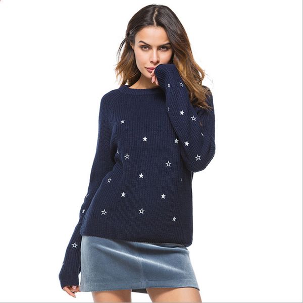 

women pullover sweaters round-neck causal elegant sweater blue white with cute stars embroidery winter sweaters for ladies, White;black