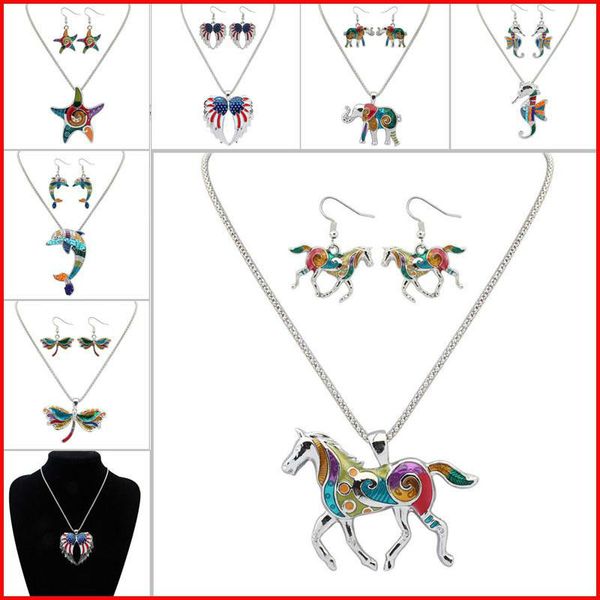 

enamel horse elephant crab starfish necklace earrings jewelry sets pendants for women silver plated enamel jewelry gift animals necklaces