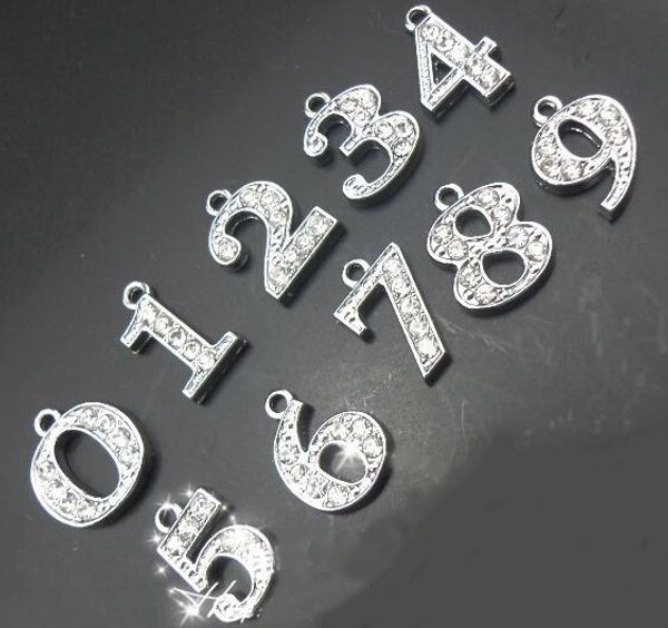 

rhinestones hang pendant number 20pcs/lot " 0--9 can choose each number " fit for diy phone strips & keychains, Bronze;silver