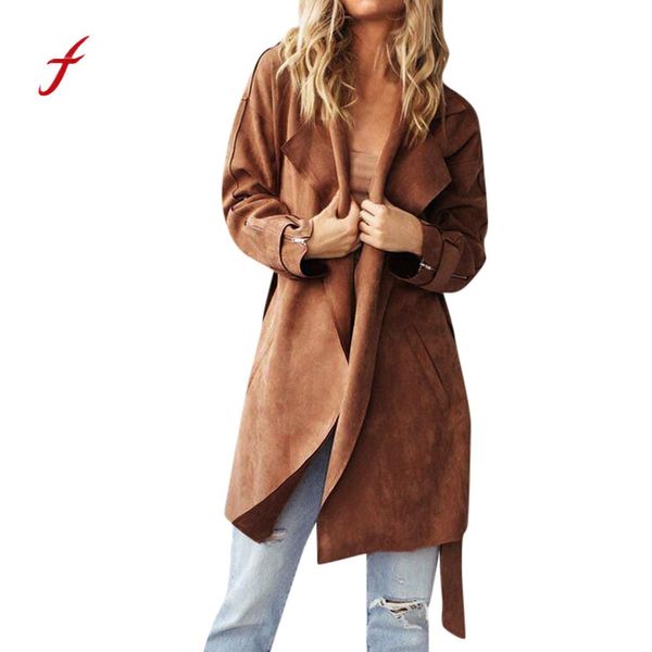 

feitong 2018 new women's solid turndown collar pocket cardigan long sleeve jackets long coat manteau femme hiver wholesale, Black;brown