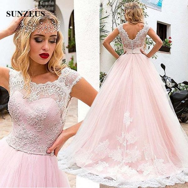 Acheter Appliques Dentelle Manches Manches Robe De Mariée Rose Femmes Longues Robes De Mariée En Tulle Robe De Mariage De Couleur Personnalisé