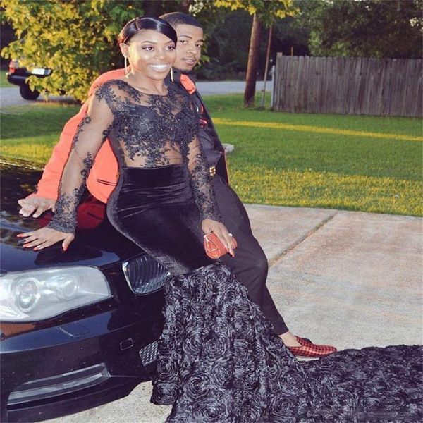 

african black mermaid prom dresses long 2018 jewel see through long sleeves evening gowns rose train zipper cocktail dress dubai