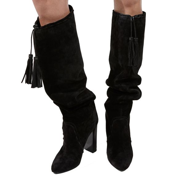

women gladiator boots lace up fringe over the knee boots square heels high heels knee high pointed toe ladies shoes, Black