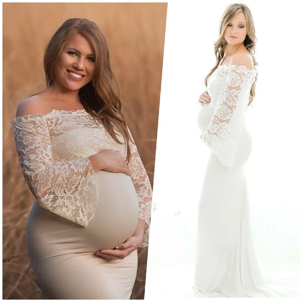 

maternity pgraphy props maxi dresses pregnant lace maternity clothes long dress for pregnant women, White
