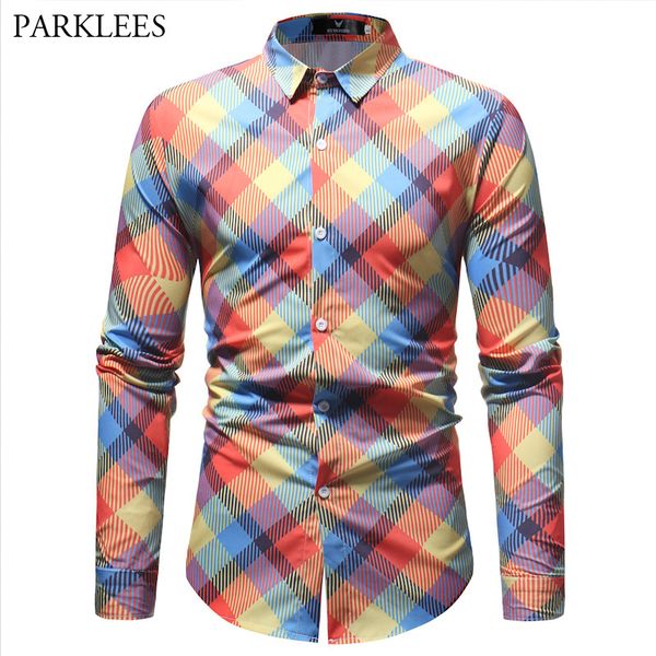 

colorful plaid print fashion shirt men slim fit long sleeve mens dress shirts casual holiday party social shirt chemise homme, White;black