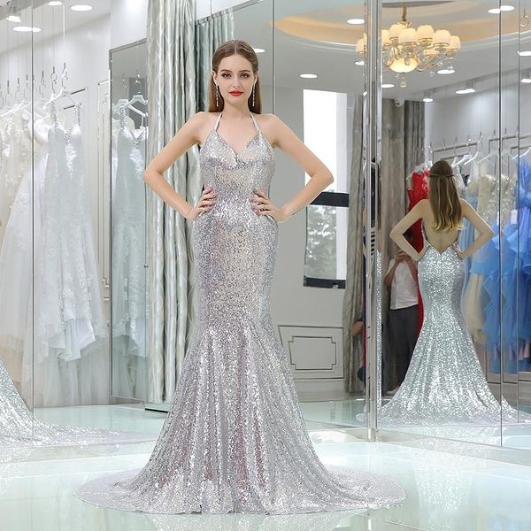 

2018 Silver Sparkling Evening Dress Suspenders Hanging Neck V-Neck Sleeveless Sexy Open Back Mermaid Prom Dress Sequins Dress Pageant