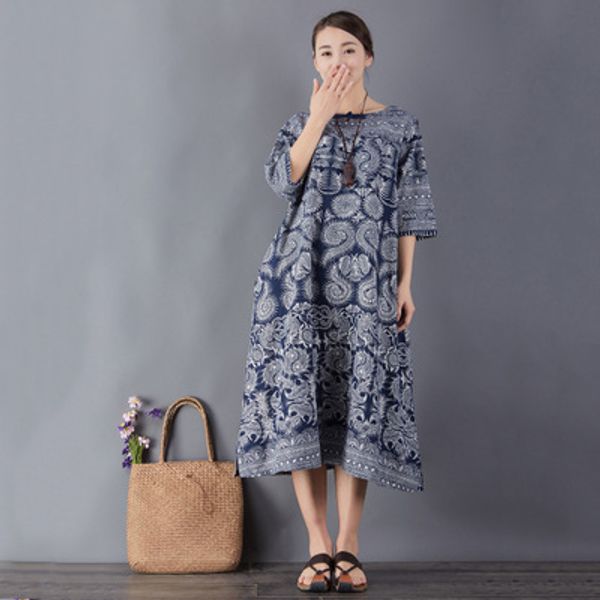 

vintage cotton and linen loose half sleeve dress, Black;gray