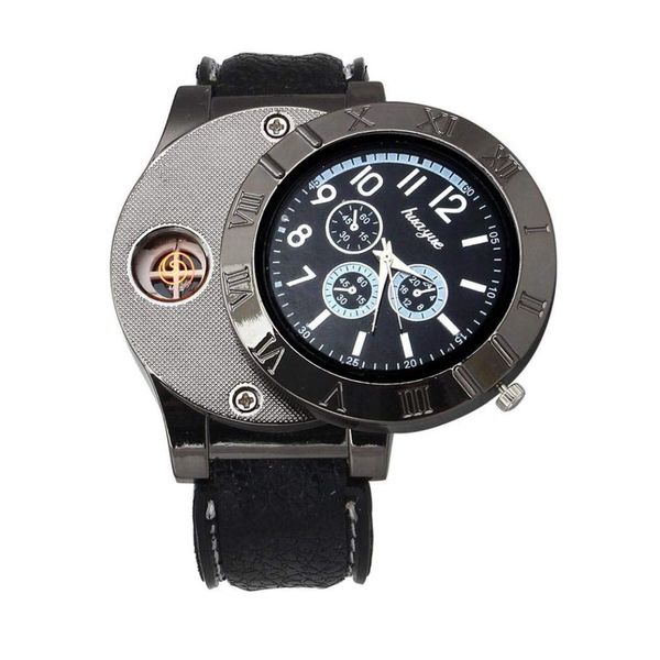 

men windproof casual quartz watch usb cigarette flameless cigarette lighter black, Slivery;brown