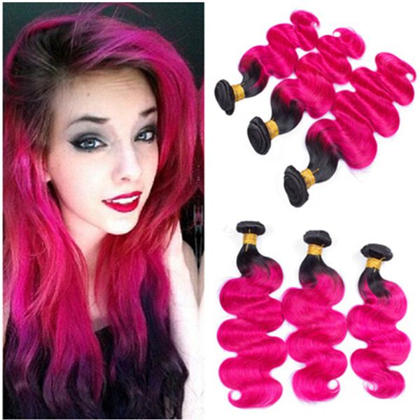 Raízes do cabelo humano # 1B / rosa quente Ombre brasileira escuras Pacotes 3Pcs onda do corpo extensões do cabelo preto e rosa choque Ombre virgem tecem cabelo