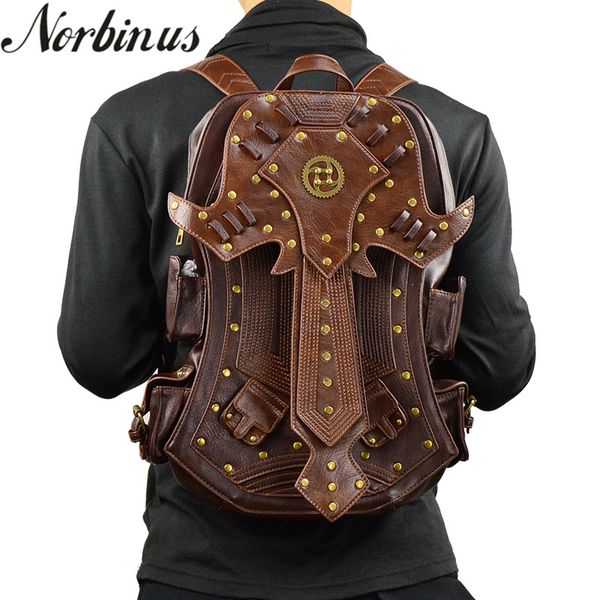 

norbinus steampunk men backpack gothic pu leather punk bags retro rock vintage rucksack women brown detachable wing backpacks