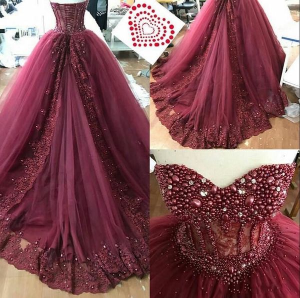 

2019 burgundy quinceanera dresses sweetheart pearls crystal sleeveless lace appliques puffy sweet 16 plus size party prom dress evening gown, Blue;red
