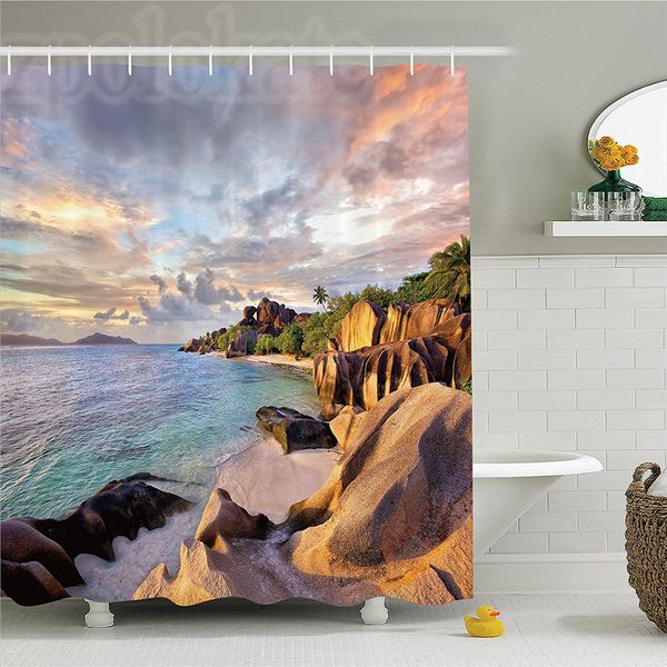 

seaside decor shower curtain set tropical rock sandy beach at sunset in island with majestic sky light art on earth p bathro