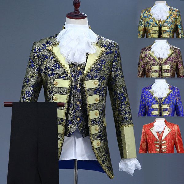 

18th century european court men's three-piece suits nightclub floral embroidery performance jacket costume (jacket+pants+vest, White;black