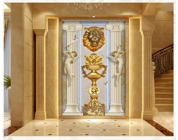 

p wallpaper 3d stereoscopic 3d three-dimensional embossed gold cup lion creative art porch personality wall mural wallpap