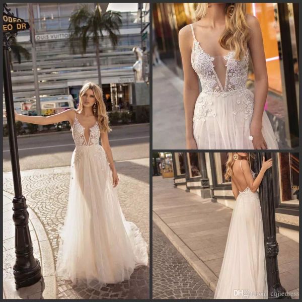 

2019 новый сексуальный погружаясь свадебные платья муза берта спинки кружева аппликация свадебные платья страна boho v шеи пляж линия свадеб, White