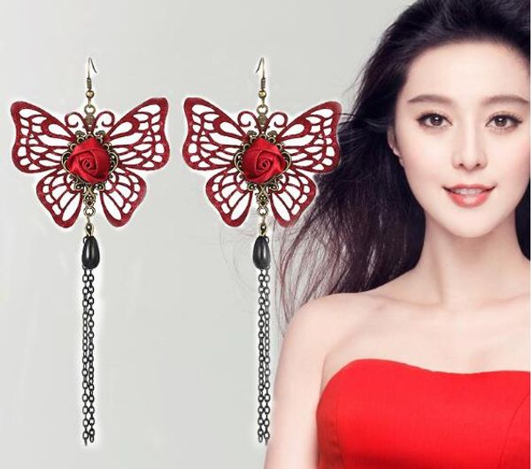 

new korean style long style earrings with fringe, refined hollow pearl, wine red, butterfly earrings, fashionable and classic, refined a, Silver