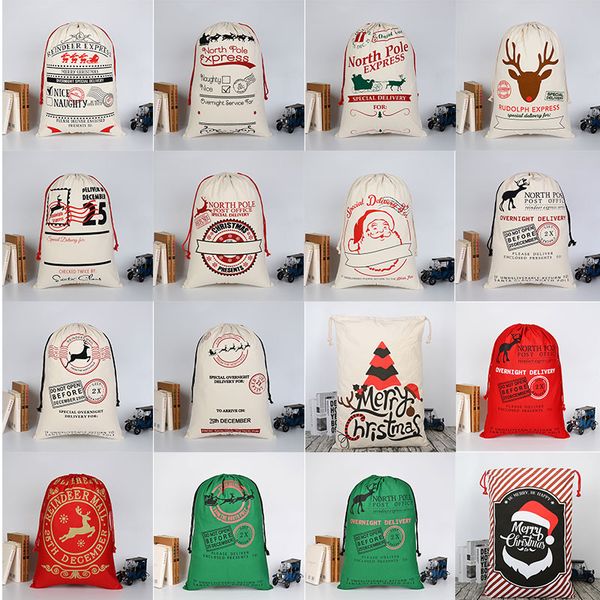 

2018 new christmas bags large 50x70cm canvas santa claus drawstring bag with reindeers monogramable christmas gifts sack bags 24 styles dhl