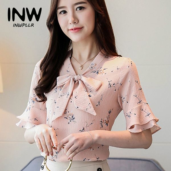 

summer women floral chiffon blouses and shirts ladies print blusas feminine flare sleeve blouse femme plus size female, White