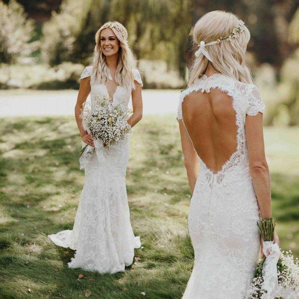 

2018 New Deep V Neck Cap Sleeved Mermaid Berta Bohemian Wedding Dresses Full Lace Backless Sweep Train Garden Beach Bridal Gowns Custom Made, White