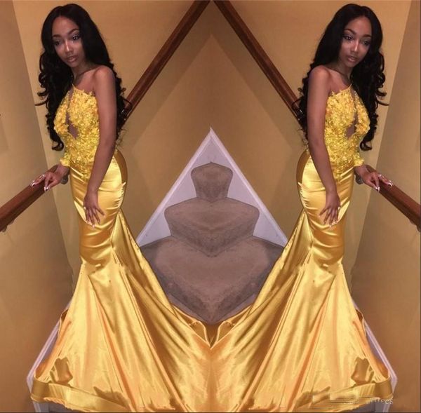 

2018 Mermaid Prom Dresses Golden Appliques Beaded One Shoulder Long Sleeves African Black Girls Dresses Evening Wear