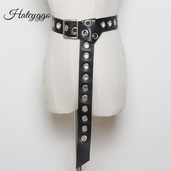 

hatcyggo fashion women pu leather belts hollow out air hole punk decoration belt casual solid color corset belts, Black;brown