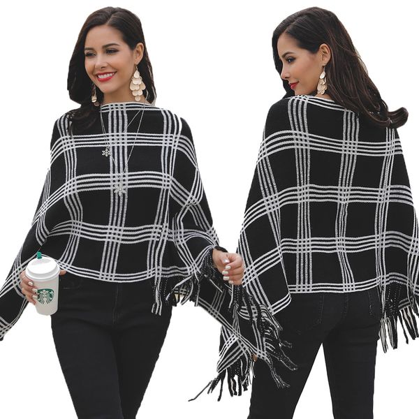 

loose fringed bat shawl cloak sweater fashion black and white plaid striped sweater women's sweaters, White;black