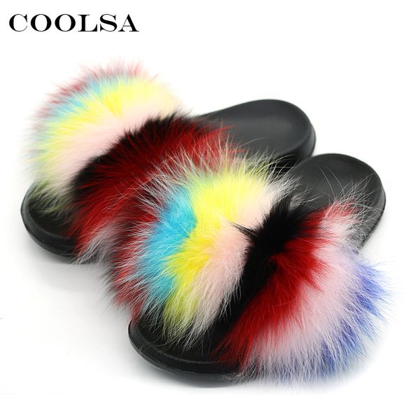

coolsa new women's fox fur slippers fluffy animal fox hair flat indoor slipper ladies luxury plush flip flops beach sandal shoes, Black