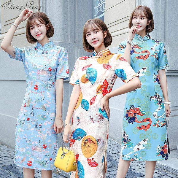 

traditional chinese women cheongsam dress full sleeve embroidered print tunic elegant oriental long qipao dresses v984, Red