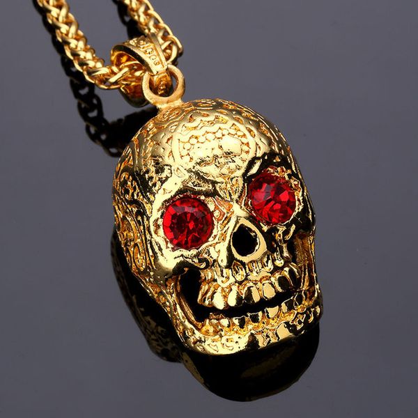 Modeschmuck Skeleton Punk Rock Mexikanische Tattookull Anhänger Halskette Mit Roten Augen Kristall Charme Männer Gold Hip Hop Kette