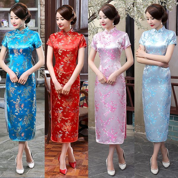 

women long cheongsam lady elegance chinese traditional dress female qipao for party short sleeve ancient tang dresses 90, Red