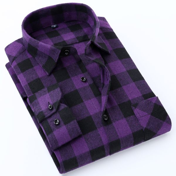 

men's long sleeve brushed checkered plaid shirt patch left pocket classic casual standard-fit comfortable and soft dress shirts, White;black