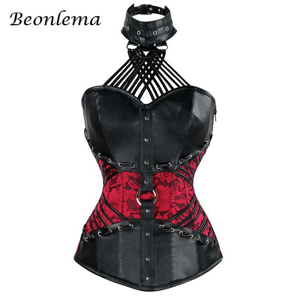 

faux leather corset steampunk costume shaper overbust halter lace up women's plus size waist trainer s-6xl, Black;white