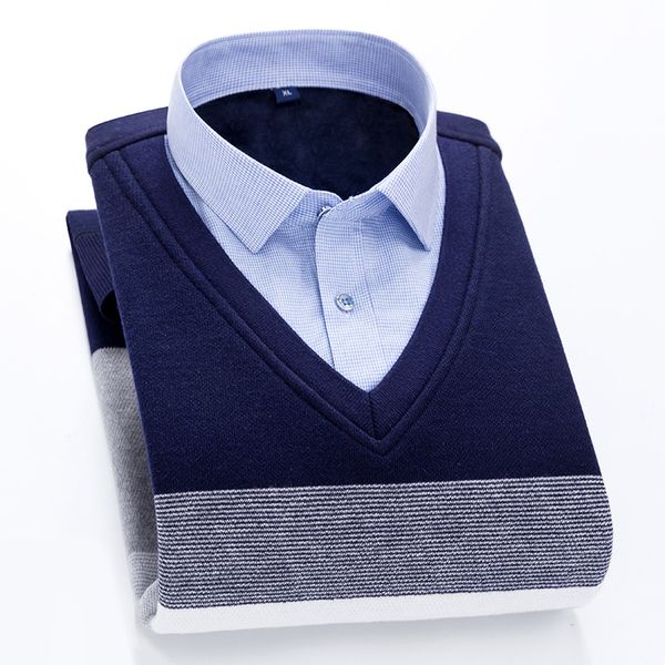 

new winter men's warm knit pullover plus velvet padded shirt long sleeve smart casual striped shirts men red blue black, White;black