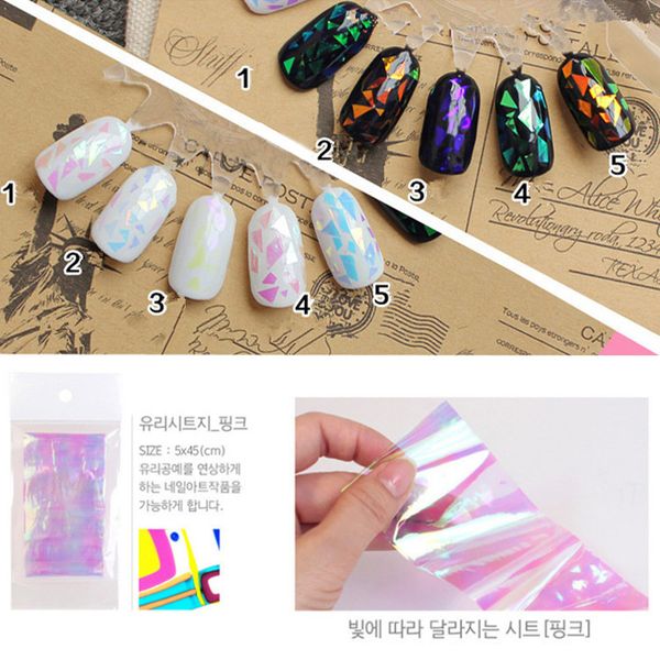 

5pcs/pack holographic diy nail art broken glass foil finger stencil decal sticker 5 colors nail art mirror manicure tool, Black