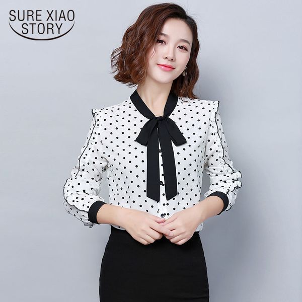 

2018 new fashion autumn chiffon women blouse wave point bow tie, long sleeve black and white women slim fit blusa 0936 40