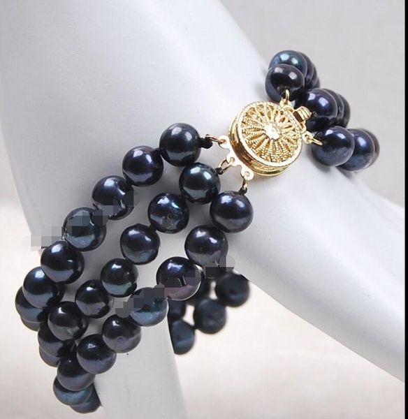 

8-8.5mm 3rows black akoya cultured pearl bracelet 7.5"+14k gp clasp, Silver