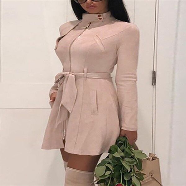 

autumn winter women suede fabric trench fashion pockets jacket open cardigan wrap coat ladies long trench outwear streetwear, Tan;black