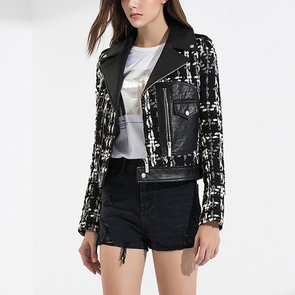 

2018 winter jacket women leather new style long sleeve patchwork streewear coat women jacket outfits casual clothes, Black;brown