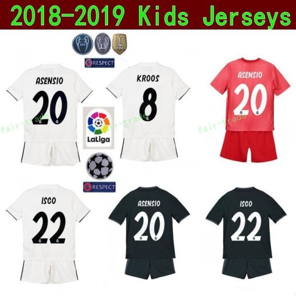 

Children Real Madrid Youth BENZEMA Jersey Soccer 18 19 Champions White TONI KROOS MARCELO VAZQUEZ COURTOIS Football Shirt Kits Uniform Kids