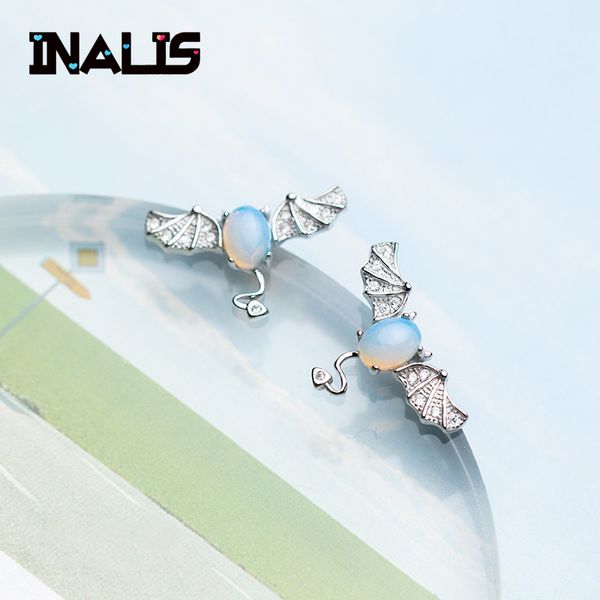 

inalis new unique fashionable insect stud earrings s925 sterling silver bat shape with moonstone crystal fine jewelry brincos, Golden;silver