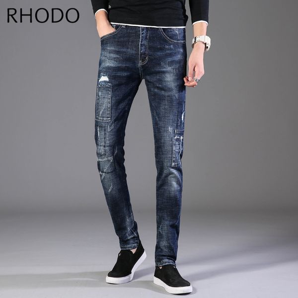 

new men`s retro blue fashion patchwork ripped elastic slim fit straight denim pants casual stretch jeans 28-36